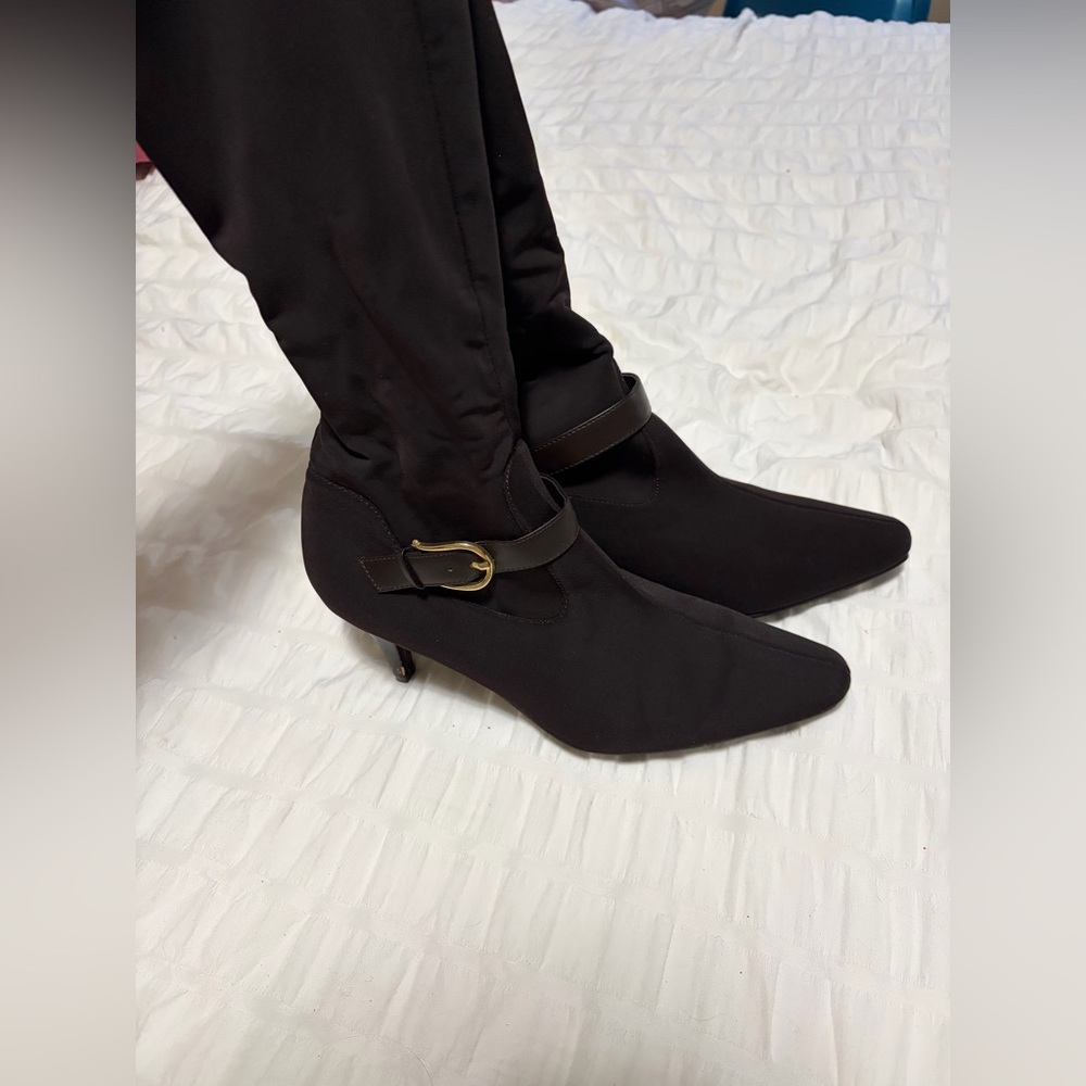 Women's Chocolate Brown Pointed Kitten Heel Ankle Boots with Buckle
